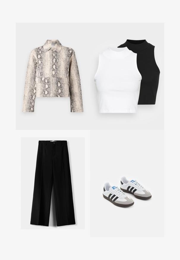 Veste raccourcie en imprimé serpent beige et noir. Dotée d'un col, d'une fermeture éclair sur le devant et de deux poches avant. Tissu texturé.; Deux hauts sans manches en maille côtelée, en noir et blanc, dotés d'un design ajusté et d'une texture lisse, avec une longueur courte.; Pantalons larges noirs en tissu léger, avec une fermeture à bouton à l'avant et un devant plat, dotés d'ourlets soigneusement cousus.; Baskets avec une tige en cuir blanc, un bout en daim gris et trois bandes noires. Présente un logo bleu sur la languette et une semelle en caoutchouc texturée.