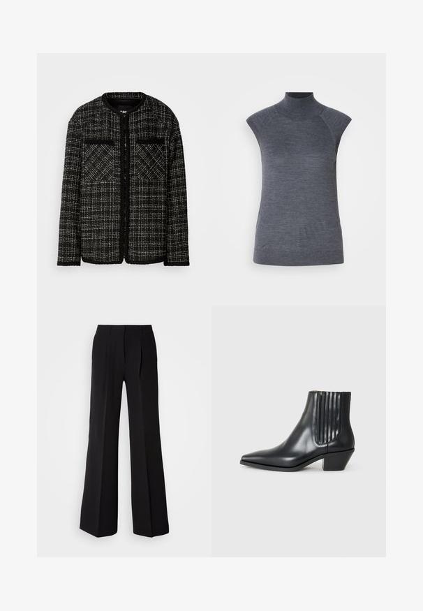 Czarna i biała marynarka tweedowa z okrągłym dekoltem, dwoma przednimi kieszeniami i teksturowanym wzorem w kratkę. Model rozpinany z długimi rękawami.; Szary bezrękawnik typu golf, dopasowany krój, prążkowana faktura, gładki materiał, z wysokim kołnierzem i stylowymi wcięciami na ramionach.; Czarne spodnie wykonane z gładkiej tkaniny, z wysokim stanem, szerokimi nogawkami oraz dwoma frontowymi zakładkami dla dodatkowego efektu wizualnego.; Czarne skórzane botki za kostkę z wysmuklonym noskiem, elastycznymi bocznymi panelami z pionowymi rowkami oraz niskim blokowym obcasem. Gładka tekstura i elegancki design.