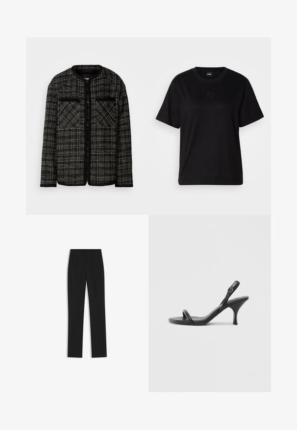 Chaqueta de tweed en blanco y negro con escote redondo, dos bolsillos frontales y un patrón de cuadros texturizado. Diseño de apertura frontal con mangas largas.; Camiseta de algodón negra con cuello redondo, mangas cortas y un logo bordado en el pecho. Ajuste simple y relajado sin patrones.; Pantalones de traje negros con un diseño de pierna recta, que cuentan con bolsillos delanteros y una tela suave y texturizada. Detalles limpios y minimalistas.; Sandalias de tacón alto de cuero negro con un tacón delgado y curvado y un diseño de tiras cruzadas. Correa para el tobillo ajustable. Textura suave.