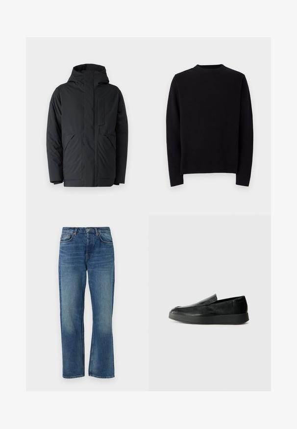 Melna polsterēta jaka ar kapuci, ar rāvējslēdzēju priekšā, divām lielām sānu kabatām un krūšu kabatu. Gluda tekstūra un moderna dizaina.; Melnā adīta džemperis ar garām piedurknēm, apaļu riboto apkakli un taisnu piegriezumu. Gluda tekstūra bez redzamām rakstu vai akcentu detaļām.; Zilas džinsu bikses ar taisnu piegriezumu, kurām ir klasiska piecu kabatu forma, nolietota tekstūra un varšrievu akcents.; Calvin Klein HYBRID CUP - Mokasīni - triple black