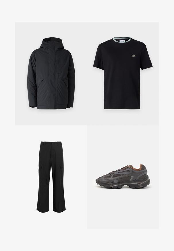 Must must vest, mille kapuutsiga, millel on tõmblukk ees, kaks suurt küljetaskut ja rindetasku. Sile tekstuur ja modernne disain.; Must värvi puuvillane T-särk ümmarguse kaelusega, millel on valge ja roheline triibuline äärestus ning vasakul rinnal brodeeritud roheline krokodilli logo.; Mustad mustad püksid kergest kangast, millel on lõdva istuvuse, kaks suurt küljetaskut ja nup closure.; Tumed hallid Lacoste tossud, mis on valmistatud võrkkangast ja sünteetilisest materjalist, omavad tekstureeritud talla ning pruune aktsente kaeluse ja brändingu juures.