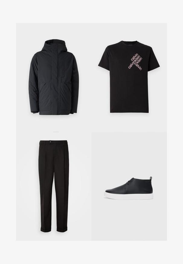 Veste rembourrée noire avec capuche, dotée d'une fermeture éclair à l'avant, de deux grandes poches latérales et d'une poche poitrine. Texture lisse et design moderne.; T-shirt en coton noir avec un imprimé diagonal du logo "calvin klein" rose sur le devant. Manches courtes et encolure arrondie.; Pantalon noir au toucher lisse, avec une coupe droite, deux poches avant et une fermeture à bouton unique à la taille.; Baskets montantes en cuir noir au fini lisse, semelle en caoutchouc blanc et design simple à lacets. Comprend une languette à l'arrière.