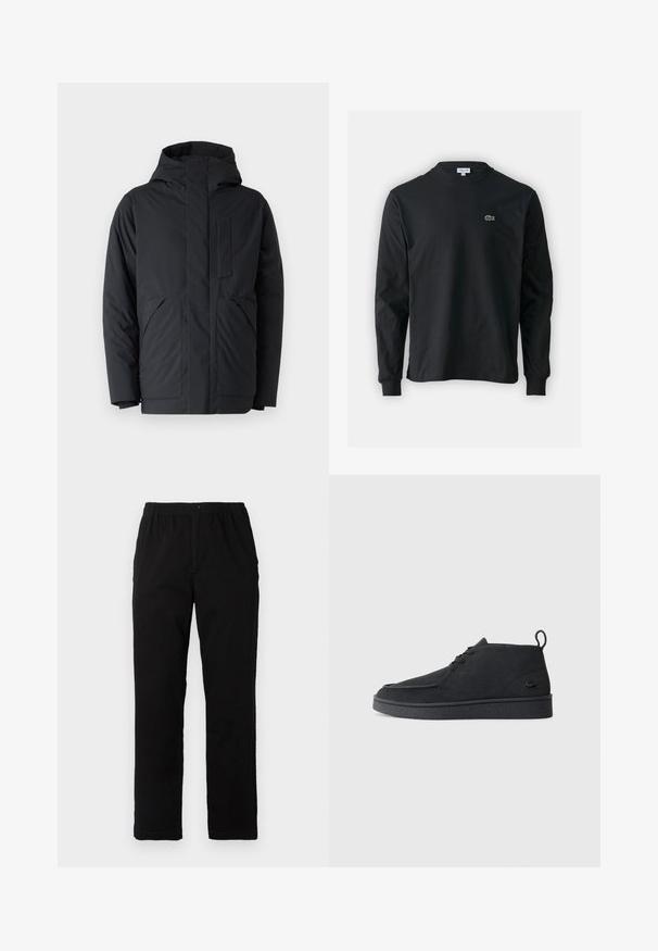 Black padded jacket with a hood, featuring a zip front, two large side pockets, and a chest pocket. Smooth texture and modern design.; Black long-sleeve t-shirt made of cotton, featuring a round neckline and a small green embroidered crocodile logo on the left chest.; Black pants made of cotton blend fabric, featuring a straight cut, elastic waistband with button, and no visible patterns or accents.; Black suede lace-up ankle boot with pull tab and textured sole, featuring small embossed crocodile logo on the side.