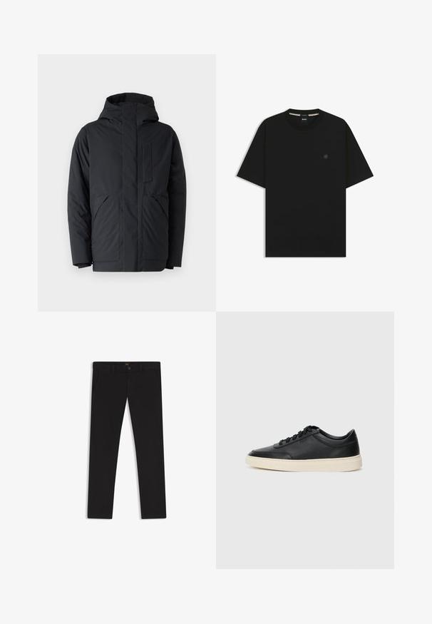 Chaqueta acolchada negra con capucha, que cuenta con una cremallera frontal, dos grandes bolsillos laterales y un bolsillo en el pecho. Textura suave y diseño moderno.; Camiseta negra de cuello redondo hecha de algodón suave, con mangas cortas y un sutil logo bordado en el pecho. Textura suave.; Pantalones negros de tela con una textura suave. Cuentan con cierre de botón, trabillas para cinturón y bolsillos laterales. Diseño de pierna recta estándar.; Zapatilla negra de piel de caña baja con cordones negros y suela color crema, mostrada en perfil lateral sobre fondo blanco.