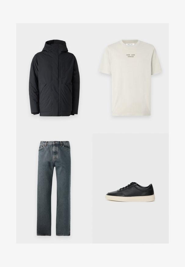 Melna polsterēta jaka ar kapuci, ar rāvējslēdzēju priekšā, divām lielām sānu kabatām un krūšu kabatu. Gluda tekstūra un moderna dizaina.; Gaišs beigu krāsas kokvilnas T-krekls ar īsām piedurknēm, apaļu kakla izgriezumu un melnu izdrukātu tekstu "SAMSE SAMSØ COPENHAGEN", kas centrēts uz krūtīm.; Tumšas denima bikses ar taisnas kājas dizainu, smalkajām šuvēm un pogu aizdari, kā arī piecu kabatu stilu.; Melnas zemas ādas sporta kurpes ar melnām auklām un off-white zoli, rādītas no sānu profila uz baltā fona.