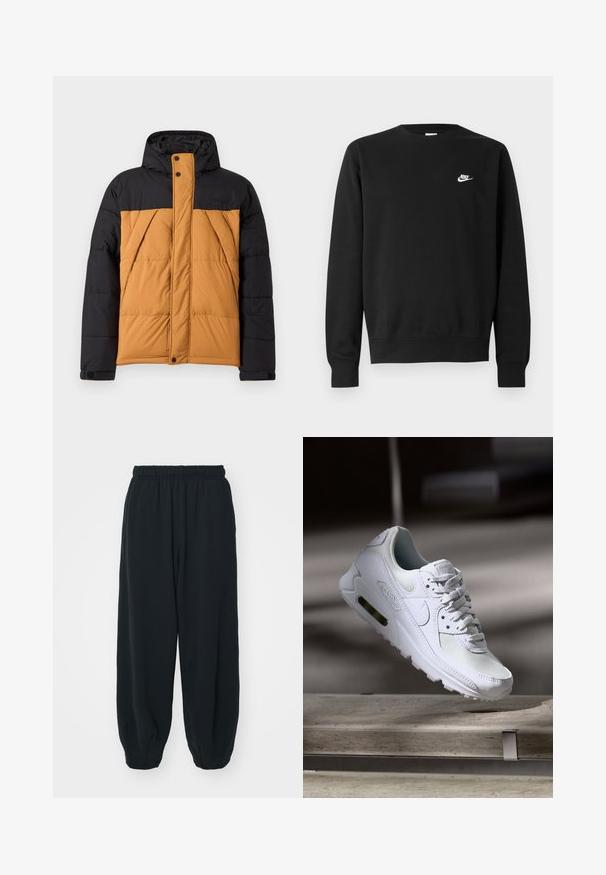 Melnas un brūnas siltinātas ziemas jaka ar kapuci, priekšējais rāvējslēdzis segts ar pogām, un slīpi sānu kabatas.; Melnā džemperis no kokvilnas ar apaļu izgriezumu, gariem piedurknēm un mazu balto Nike logotipu augšējā kreisajā krūtī.; Melnas sporta bikses ar elastīgu jostasvietu, brīvu piegriezumu, aprocēm ap potītēm, gludu tekstūru, un bez redzamām rakstu vai aparatūras akcentiem.; Baltas Nike Air Max 90 sporta apavi ar sietu un ādas augšdaļu, caurspīdīgu pirksta daļu un redzamu gaisa vienību papēdī.