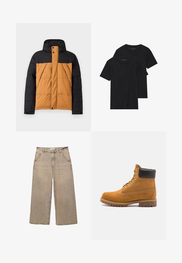 Crna i smeđa zimska jakna s kapuljačom, prednji zatvarač pokriven flapom na dugmad, i nagnutim bočnim džepovima.; Dvoje crnih pamučnih majica s kratkim rukavima, okruglim izrezom i glatkom teksturom, prikazanih n stacked. ; PULL&BEAR MEGA BAGGY - Vrećaste traperice - light grey; Antracitne antilop čizme do gležnjeva s crnim podstavljenim ovratnikom, zlatnim metalnim rupicama, bijelim šavovima i robusnom gumenom potplatom s izraženim šarama.