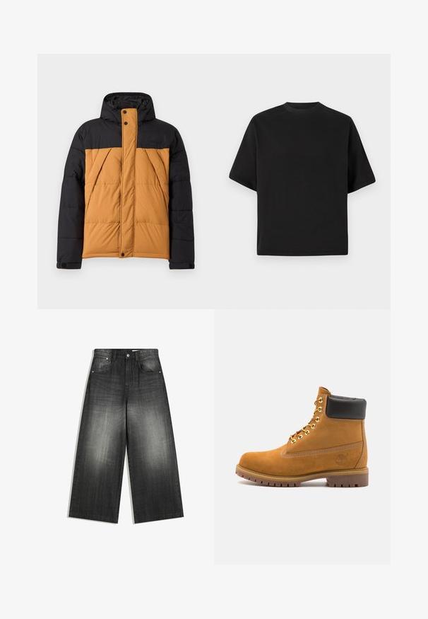 Černá a hnědá zateplená zimní bunda s kapucí, přední zip zakrytý klopou na knoflíky a šikmé boční kapsy.; Černé tričko s krátkým rukávem v volném střihu, vyrobené z hladké bavlny, s kulatým výstřihem a minimalistickým designem.; Džíny s širokými nohavicemi v popraskané černé barvě, s klasickým pětikapsovým designem a mírně strukturovaným povrchem. Kovové detaily.; Hnědé semišové kotníkové boty s černým polstrovaným límcem, zlatými kovovými očky, bílým prošíváním a odolnou gumovou podrážkou s výraznými drážkami.