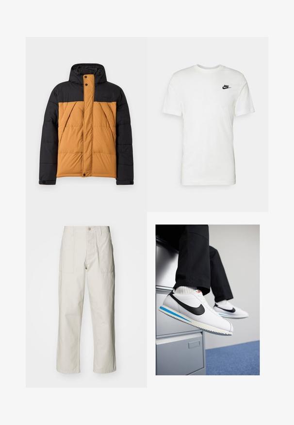 Juodas ir rudas paminkštintas žieminis švarkas su kapučonu, priekinis užtrauktukas, uždengtas mygtukais, ir įstrižiniai šonų kišenės.; Balta medvilninė trumpomis rankovėmis marškinėliai su apvalia iškirpte ir juodu Nike logotipu kairėje krūtinės pusėje. Lygus paviršius ir klasikinis siluetas.; Šviesiai pilki plačius kelnes, pagamintas iš medvilnės. Yra priekinės kišenės ir mygtuko uždarymas. Lygus paviršius su subtiliomis vertikaliomis linijomis.; Baltos odinės sportbačiai su juodu Nike logotipu, šviesiai mėlyna ir pilka guma padais bei klasikiniu raištelių dizainu. Kojos remiasi į dokumentų spintą.