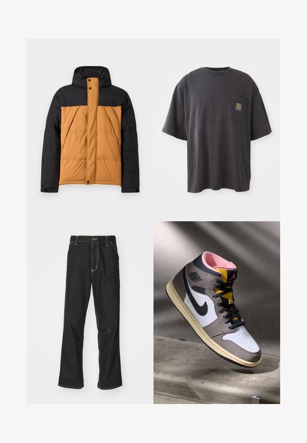 Černá a hnědá zateplená zimní bunda s kapucí, přední zip zakrytý klopou na knoflíky a šikmé boční kapsy.; Černé bavlněné tričko s krátkým rukávem, kulatým výstřihem a kapsičkou na levé straně hrudi, na které je čtvercová nášivka s logem. Jednoduchý a nezdobený design.; Černé denimové džíny s volným střihem, s kontrastním bílým prošíváním, zapínáním na knoflík a rovnými nohavicemi.; Bílé, šedé a černé vysoké tenisky Nike Air Jordan s růžovým interiérem a žlutým jazykem, umístěné na betonovém povrchu.