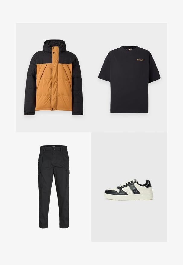 Jachetă de iarnă căptușită, neagră și maro, cu glugă, fermoar frontal acoperit de un clapetă cu nasturi și buzunare laterale înclinate.; Polo Timberland cu mânecă scurtă și guler rotund, de culoare neagră, cu un mic logo bej în partea stângă sus a pieptului, expus pe un fundal alb.; Pantaloni cargo negri dintr-un material rezistent, cu multiple buzunare, închidere cu nasture și un design slim fit cu picioare conice.; Tenisi din piele cu un scheme de culori negru și crem, dotati cu accente perforate, guler căptușit și o talpă texturată.