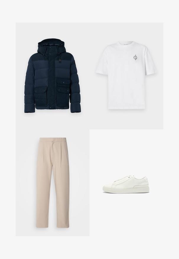 Navy blue puffer jacket with a hood, featuring a zip and snap front, prominent horizontal quilted sections, and two front pockets.; White cotton t-shirt with a relaxed fit, featuring a small black graphic logo on the left chest area. Short sleeves, crew neck style.; Beige, pleated trousers made of soft fabric. Features an elastic waistband, straight legs, and a smooth texture. No pockets or accents.; White leather sneaker featuring a textured upper, a round toe, minimalistic design, and a rubber sole with stitched detailing.