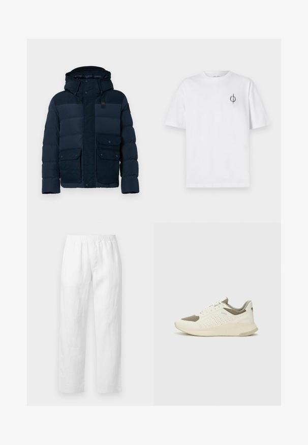Navy blue puffer jacket with a hood, featuring a zip and snap front, prominent horizontal quilted sections, and two front pockets.; White cotton t-shirt with a relaxed fit, featuring a small black graphic logo on the left chest area. Short sleeves, crew neck style.; White linen pants featuring an elastic waistband, straight-leg fit, and soft texture with no visible patterns or hardware details.; White and light beige athletic sneaker, featuring a mesh upper, perforated detailing, and a textured midsole with branding on the heel.