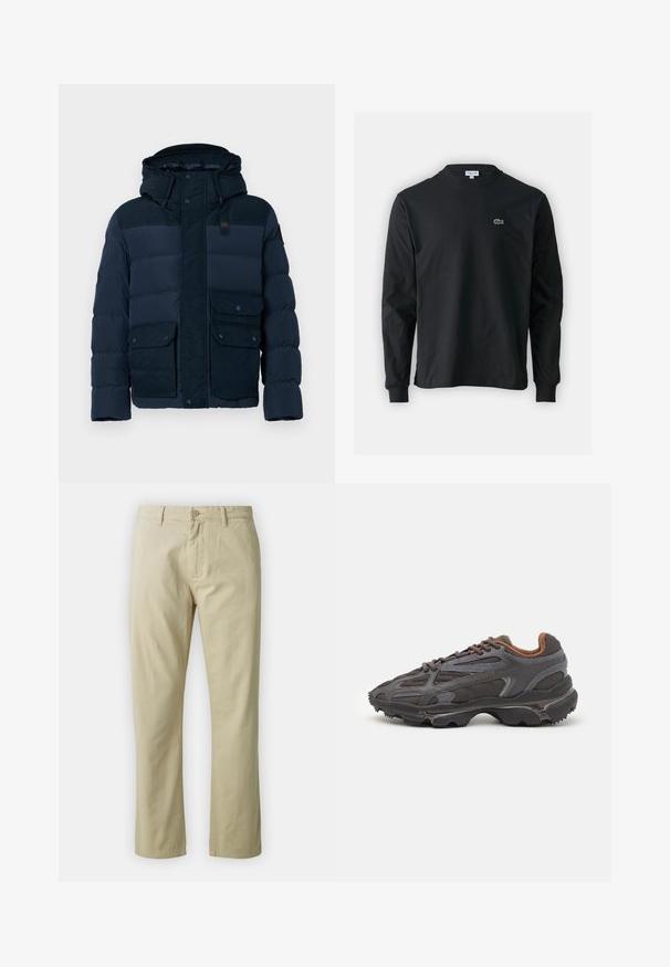 Tamsiai mėlynas pūkinis švarkas su gobtuvu, turintis užtrauktuką ir spaustuką priekyje, išryškintas horizontalus siuvinėjimas ir dvi priekinės kišenės.; Juodas ilgomis rankovėmis marškinėliai iš medvilnės, turintys apvalią iškirptę ir mažą žalią išsiuvinėtą krokodilo logotipą kairėje krūtinės pusėje.; Bežiniai medvilniniai kelnės su tiesiais blauzdomis, priekyje su mygtukų uždarymu ir diržo kilpomis. Lygus paviršius, nėra matomų raštų ar akcentų.; Lacoste sportbačiai tamsiai pilki, pagaminti iš tinklinės ir sintetinių medžiagų, su tekstūruotu padu ir rudomis detalėmis ant apykaklės bei prekės ženklo.