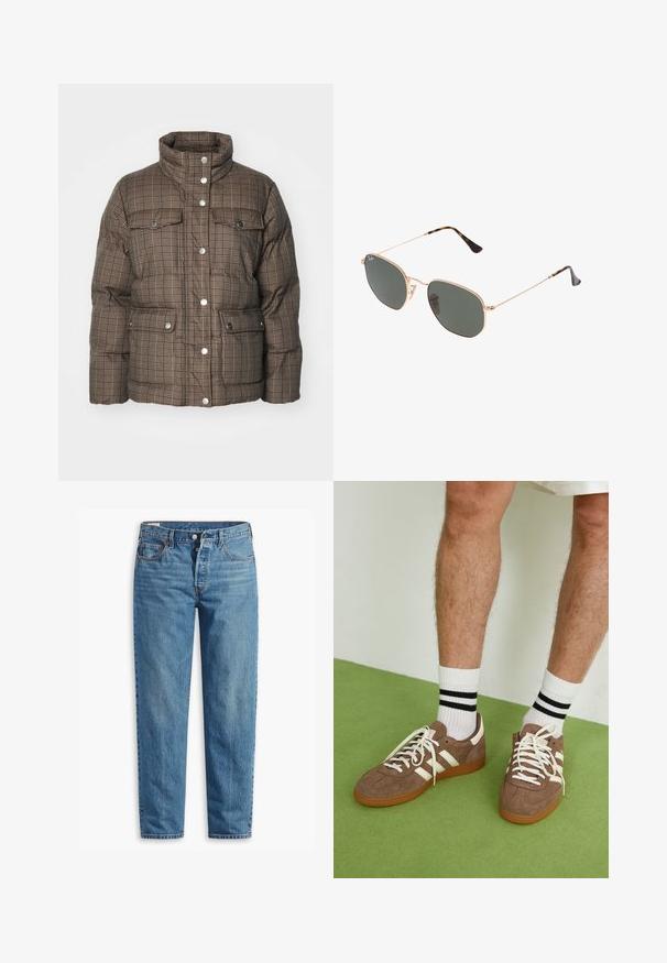 Brown plaid puffer jacket with high collar, snap buttons, and two front pockets. Features a quilted texture and soft padded material.; White long-sleeve top with a wide neckline, side slits, and a smooth, lightweight fabric, featuring a simple, minimalistic design.; Blue denim jeans with a straight-leg fit, featuring a zip fly, two front pockets, and subtle fading throughout the fabric.; Brown suede sneakers with white accents and laces. Rubber gum sole. Worn with white socks featuring black stripes. Green textured flooring.; Gold metal-frame sunglasses with dark green lenses, aviator style, featuring slim arms and tortoiseshell accents on the tips.; Tory Burch RADZIWILL COLOR-BLOCK PEBBLED PETITE DOUBLE BAG - Handbag - wild mushroom