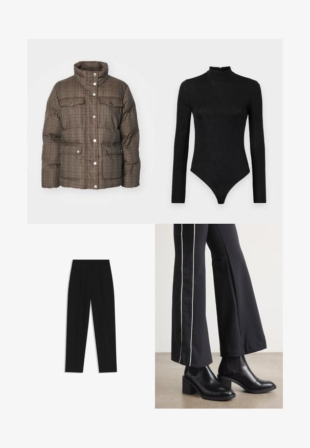 Brauner kariert Pufferjacke mit hohem Kragen, Druckknöpfen und zwei Fronttaschen. Verfügt über eine gesteppten Textur und weiches, gepolstertes Material.; Schwarzer Langarm-Bodysuit mit hohem Hals und subtiler Textur. Verfügt über einen Reißverschluss hinten und ein Tanga-Design.; Schwarze Hose mit geradem Schnitt, doppelten Falten, einer glatten Textur und einem klassischen Bunddesign. Keine sichtbaren Beschläge oder Akzente.; Schwarze Lederstiefeletten mit einem Blockabsatz, ausgestattet mit elastischen seitlichen Einsätzen. Kombiniert mit schwarzen Hosen, die einen weißen Seitenstreifen haben.