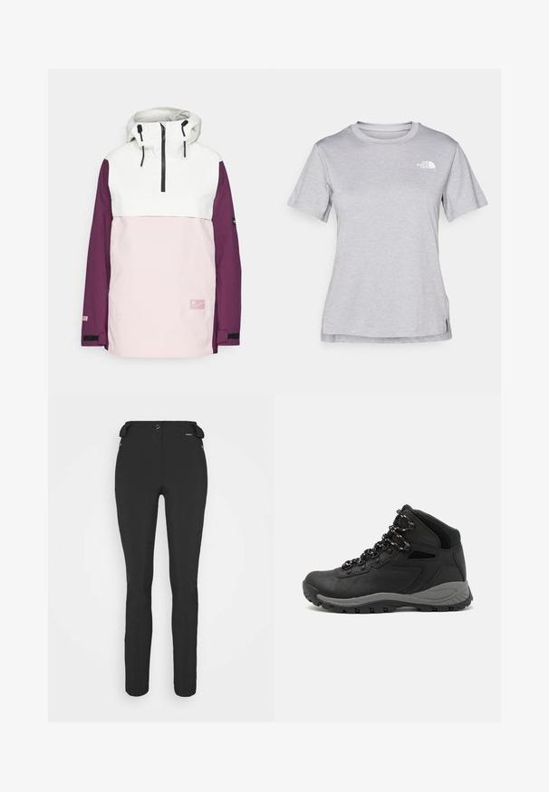 Anorakjacke mit einem weißen Oberteil, rosa Mittelteil und lila Ärmeln. Mit Kapuze, Frontreißverschluss und Logodetail. Strukturierter Stoff.; Graues T-Shirt mit kurzen Ärmeln aus weichem, feuchtigkeitsableitendem Stoff. Hat einen Rundhalsausschnitt und ein kleines weißes Logo auf der oberen linken Seite.; Schwarze, enganliegende Hosen aus einem flexiblen Material. Zu den Merkmalen gehören eine seitliche Reißverschlusstasche, vorgeformte Knie und eine glatte Textur.; Schwarzer Wanderstiefel mit einem mittelhohen Design, ausgestattet mit einer strukturierten Oberfläche, grauen Akzenten und einer robusten Gummisohle mit Profilstollen.