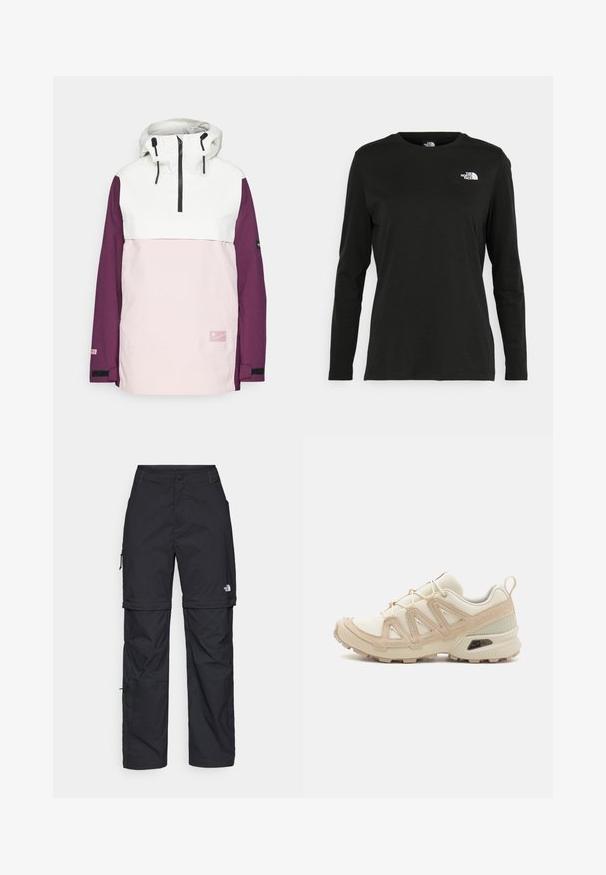 Jachetă anorak cu un top alb, o secțiune medie roz și mâneci violet. Include glugă, fermoar frontal și detaliu logo. Material texturat.; Iarna neagră cu mânecă lungă, din bumbac, cu guler rotund. Prezintă un mic logo alb în zona pieptului stâng. Design simplu și croi lejer.; Pantaloni cargo din nylon negru, cu fermoar detașabil, manșete ajustabile, multiple buzunare și un logo pe piciorul drept. Textură netedă și ușoară.; Pantofii sport bej și crem au un superior din plasă texturată, suprapuneri de susținere și o talpă din cauciuc cu un model de profil pentru aderență.