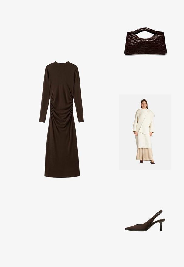 Weißer Wollmantel mit asymmetrischem Design, weiten Ärmeln und großem Kragen. Kombiniert mit beigen Satin-Hosen und dunklen Absätzen.; Langärmliges braunes Kleid aus weichem Stoff mit einem gerafften seitlichen Design. Das Kleid hat einen hohen Ausschnitt und eine figurbetonte Silhouette.; Braun Wildleder Slingback-Pumps mit spitzem Zeh, schlankem Design, dünnem Absatz und einer Schnallenakzent auf dem Knöchelriemen.; Gewebte, dunkelbraune Handtasche mit einzigartiger Form, ausgestattet mit einem Ausschnittgriff und glatter Textur, ideal für einen modernen Stil.