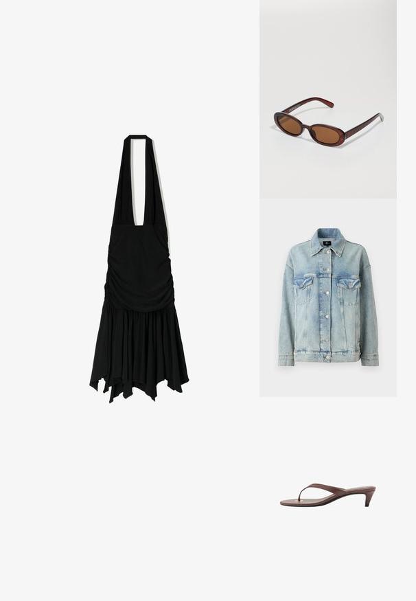 7 for all mankind OLI TRUCKER - Jakna iz džinsa - light blue; Črna obleka s halter ovratnikom, zgrčenim telesom in razširjenim robom. Narejena iz mehkega materiala, ima neenakomerne, prosto padajoče robove.; Rjava natikača na peto s tankim trakom in zaobljenim prstom, ki ima majhen zlat poudarek na podplatu.; Okrogle, rjavo obarvane sončne naočare z sijočim burgundskim okvirjem. Tanek nosilec s subtilnim logotipom. Oblika leč je ravna.