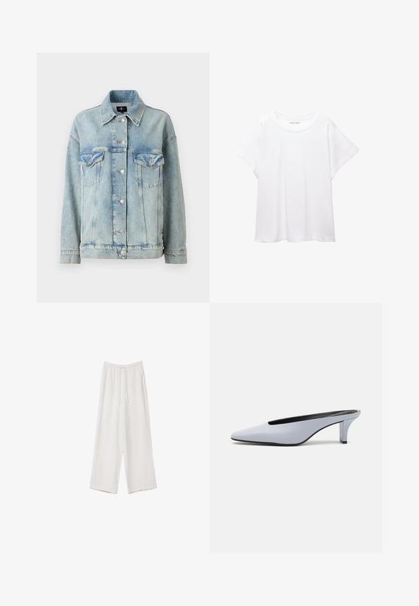 7 for all mankind OLI TRUCKER - Jakna iz džinsa - light blue; Bela majica s kratkimi rukavi, izdelana iz mehkega in lahkega blaga. Ima okroglo ovratnico ter kratke, široke rokave z udobnim krojem. Brez vidnih vzorcev.; Bele široke hlače iz lahkega materiala. Imajo elastičen pas s vrvico in stranske žepe. Gladka tekstura.; Svetlo modre lakirane mule s poudarjenim nosom, nizkim prozornim petam in elegantnim dizajnom z izrezom na sprednjem delu.