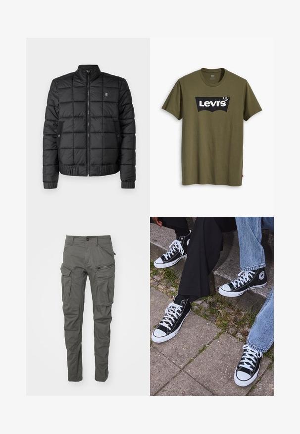 Giacca a vento nera con zip frontale, colletto a coste e design trapuntato. Presenta tasche laterali e un piccolo logo sul petto.; T-shirt di cotone verde oliva con un grande logo Levi's nero in una forma semi-arcuata a contrasto sul petto. Vestibilità regolare.; Pantaloni cargo grigi realizzati in tessuto resistente, dotati di molteplici tasche, dettagli con zip, chiusura a bottone e design con gamba affusolata.; Sneakers alti neri in tela con suole e lacci bianchi, dotati di un logo circolare di lato e abbinati a pantaloni in denim e neri.