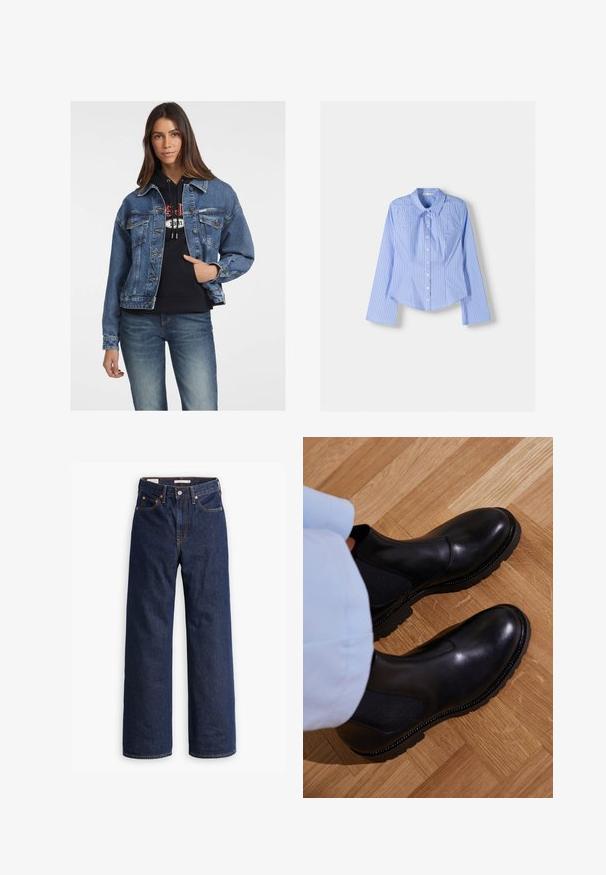 Farkkutakki keskisinisessä, jossa on napitus edessä, kaksi rintataskua ja rento malli. Tämä on päällä mustan hupparin.; Siniraitaiset sinivalkoiset pitkähihaiset nappipaidat, joissa on levitetty kaulus, istuva mitoitus ja kaareva helma. Kankainen puuvillamateriaali.; Tummansiniset suorat farkut, joissa on viisi taskua, oranssit saumat ja napituskaitale.; Musta nilkkurit, jotka on valmistettu sileästä nahasta, jossa on elastiset sivupaneelit, teksturoitu kumipohja ja kontrastivärinen ommel reunoilla.