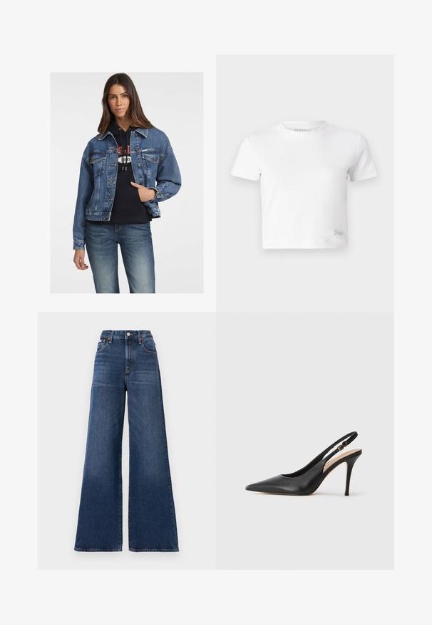 Denim jakna v srednje modri barvi, z gumbom spredaj, dvema žepoma na prsih in sproščenim krojem. Uporabljena je črna kapuca.; Bela skrajšana majica iz gladkega bombaža, z visokim ovratnikom in kratkimi rokavi. Majhen vezen logotip v spodnjem kotu.; Visoko pasovi, široke hlače iz temno modrega denima, z gumbom za zapiranje, petimi žepi in subtilnimi zbledi na stegnih.; Črne usnjene sandale s peto s konicami, gladko teksturo in nežnim trakom z kovinsko zaponko.