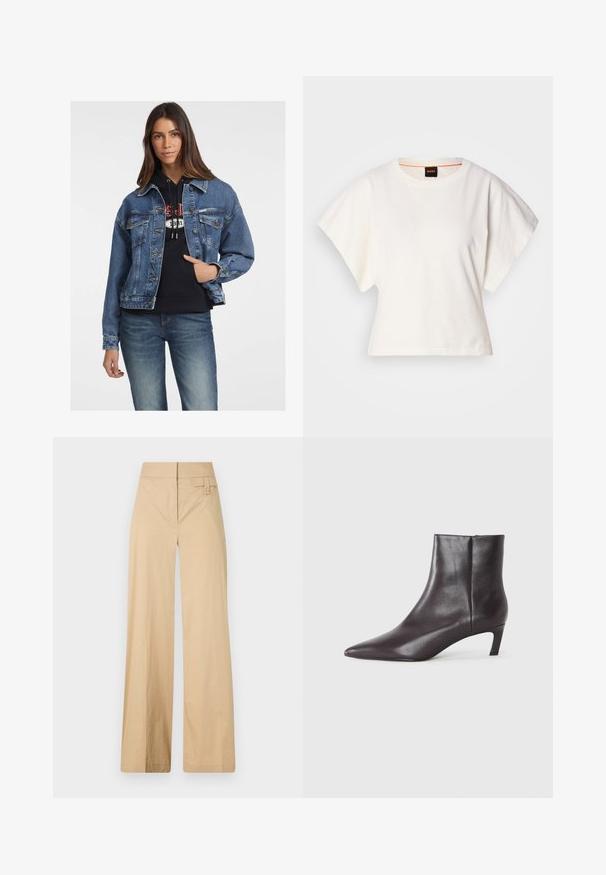 Casaco de denim em azul médio, com fecho de botões, dois bolsos no peito e um corte descontraído. Usado sobre um hoodie preto.; T-shirt branco cropped, mangas curtas e largas, material de algodão suave, decote redondo com um discreto acabamento laranja, design minimalista, sem padrões ou gráficos.; Calças largas em bege feitas de um tecido misto de algodão. Apresentam uma textura suave, cintura elástica e um detalhe de botão lateral.; Bota de couro preta até o tornozelo com bico fino e salto baixo estilo kitten, acabamento liso, com fecho lateral, apresentada sobre um fundo neutro.