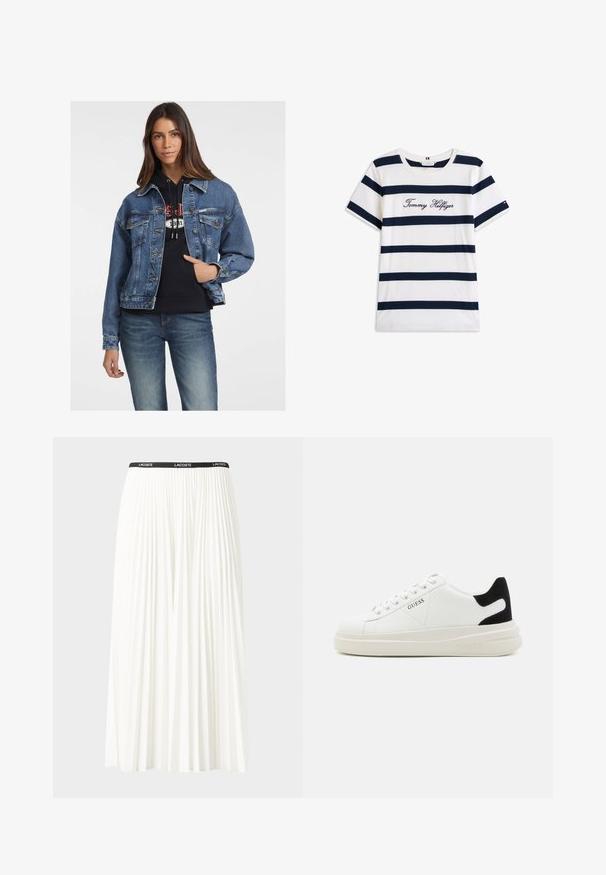 Chaqueta de mezclilla en azul medio, con cierre de botón, dos bolsillos en el pecho y un ajuste relajado. Llevada sobre una sudadera negra con capucha.; Camiseta de algodón con rayas horizontales azul marino sobre un fondo blanco. "Tommy Hilfiger" bordado en cursiva en el pecho. Escote de tipo crew.; Falda blanca plisada con una cinturilla elástica negra que presenta el logotipo "LACOSTE". Diseño de longitud media con textura suave.; Zapatillas blancas de cuero con una suela blanca gruesa, acento en el talón de ante negro y logo grabado en el lateral. Diseño de cordones con seis ojales.