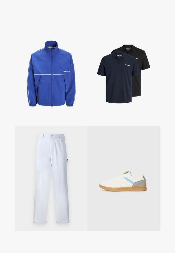 Giacca a vento blu con colletto alto, zip frontale, polsini elasticizzati e dettagli bianchi sulle maniche e sul petto. Tessuto leggero e texture.; Due polo shirt: uno blu navy con logo bianco e uno nero. Entrambi presentano un colletto classico e maniche corte, realizzati in tessuto leggero.; Pantaloni a righe blu chiaro realizzati in cotone. Design a gamba dritta, con chiusura frontale a bottone e tasche laterali. Texture morbida.; Sneaker con una parte superiore color crema, striscia laterale blu e accentuazione grigia sul tallone. Presenta un design testurizzato e suola in gomma naturale.