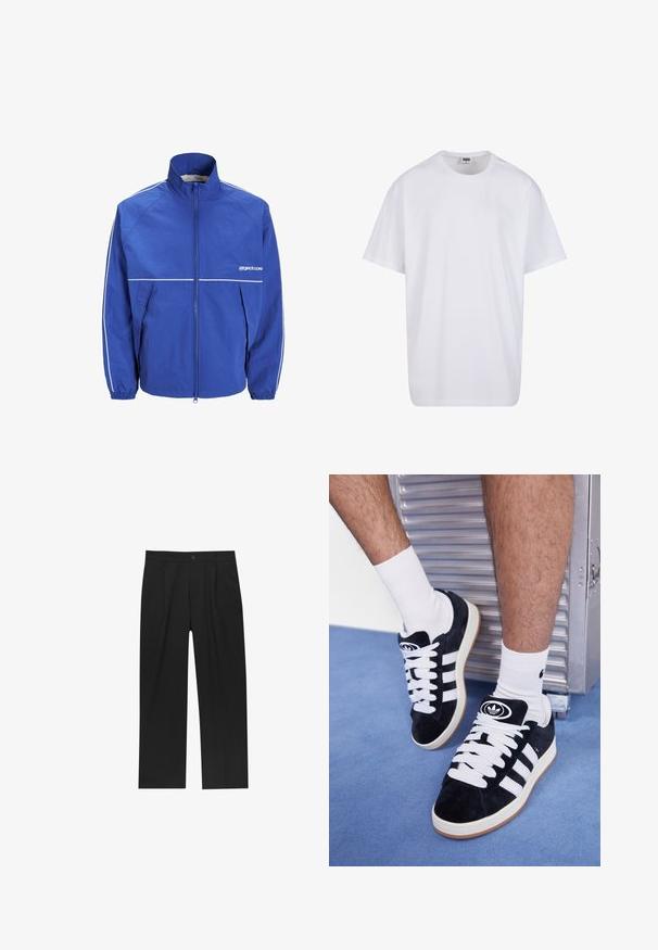 Modra vetrovka z visokim ovratnikom, sprednjim zadrgo, elastičnimi manšetami in belimi poudarki na rokavih in prsih. Lahka, teksturirana tkanina.; Bela bombažna majica s kratkimi rokavi, okroglim izrezom, sproščenim krojem in brez vidnih logotipov ali vzorcev. Gladka tekstura in minimalen dizajn.; Črne hlače z ravnim krojem, narejene iz gladkega materiala. Imajo sprednje gube in enojno zaponko na pasu.; Črne semiš teniske z belimi vezalkami in tremi belimi črtami. Imajo okroglo črno oznako na jezičku in gumijast podplat.