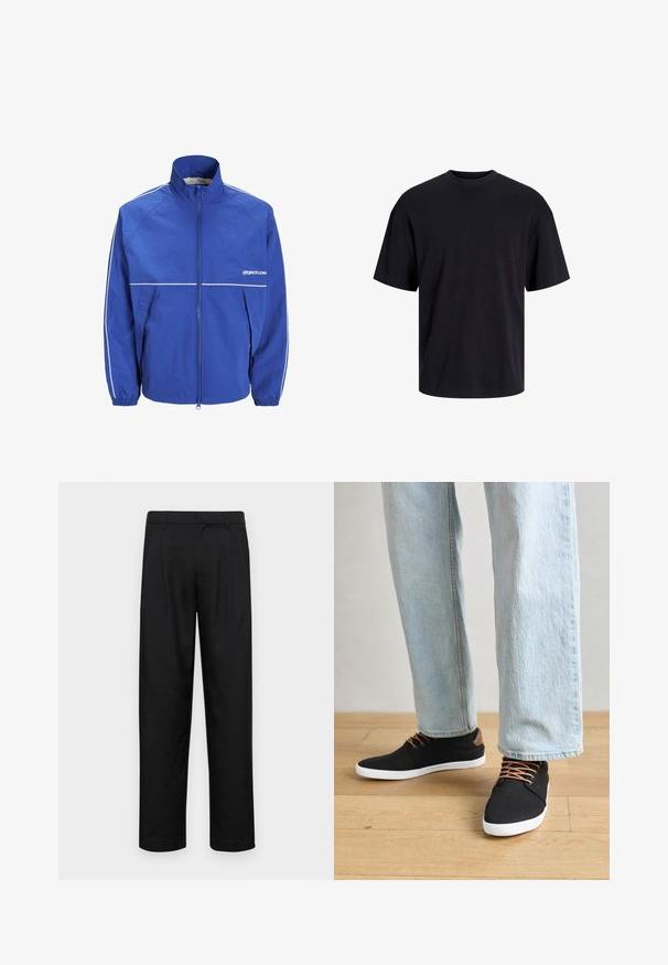 Kék széldzseki magas gallérral, elülső cipzárral, rugalmas mandzsettákkal, valamint fehér részletekkel a ujjakon és a mellen. Könnyű, texturált anyag.; Fekete pamut póló, kerek nyakkivágással, rövid ujjú és laza fazonú. Simább anyagú, látható minták vagy díszítések nélkül.; Fekete nadrág sima anyagból, egyenes szárú fazonnal, két elülső redővel és közönséges derékkal, övhurkokkal.; Fekete vászon sportcipők barna részletekkel, fehér gumitalppal és barna fűzővel, világoskék egyenes szabású farmernadrággal párosítva. Fa padló háttér.