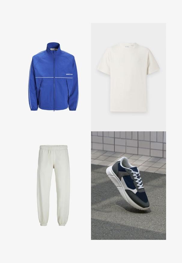 Blaues Windbreaker-Jacke mit hohem Kragen, Frontreißverschluss, elastischen Bündchen und weißen Akzenten an den Ärmeln und der Brust. Leichter, strukturierter Stoff.; Weißes T-Shirt mit kurzen Ärmeln in gerippter Textur. Runder Ausschnitt, lockere Passform, keine sichtbaren Muster oder Akzente. Einfaches und vielseitiges Design.; Weiße Jogginghose aus weichem Stoff, mit elastischem Bund und Säumen, einer glatten Textur und lockerem Schnitt.; Sneaker mit einem Obermaterial aus navyblauem Mesh, grauen Wildlederelementen, einer weißen Gummisohle und flachen weißen Schnürsenkeln, entworfen für Komfort und Atmungsaktivität.