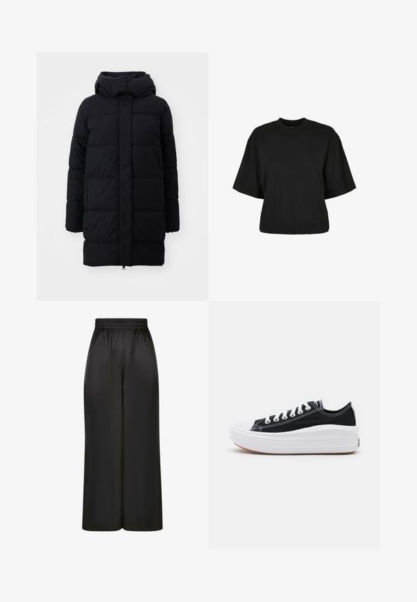 Svart boblejakke med hette, preget av en jevn tekstur, quiltet design og frontglidelås. Rekker til midt på låret.; Svart kort garden t-skjorte laget av bomull. Har korte ermer og rund halslinning. Jevn tekstur med et enkelt design, ingen ekstra mønstre.; Sorte bukser med vid benvidde laget av glatt, blankt stoff, med elastisk midje og uten synlige lommer eller detaljer i metall.; Svart canvas sneakers med hvite lisser, hvit gummitåhette og en tykk hvit mellomsåle. Har subtil hvit søm og en gummisåle.