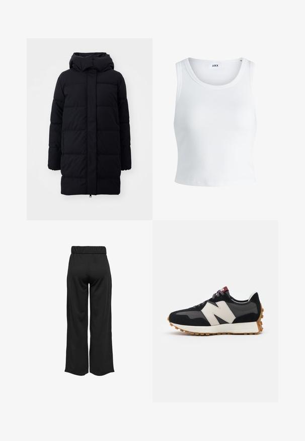 Mustast puffer-koot, millel on kapuuts, sile tekstuur, tikandiga disain ja esikülje lukk. Ulatub keskele reide.; Valge ribakujuline tank top, millel on ümmargune kaelus, varrukateta disain ja lühike pikkus. Silt ütleb "JJXX." Sile kangast tekstuur.; Mustad, laiad püksid elastse vöökohtaga, valmistatud siledast kangast. Omab lihtsat disaini, ilma taskute või nähtavate õmbluste detailideta.; Mustmust ja halli nubukist tennisajal on suur kreemjas "N" logo, lilla paelad ja tekstureeritud kummist välispohja.