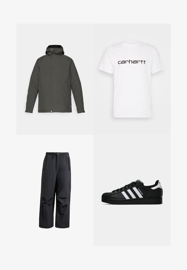 Dark green, water-resistant jacket with a hood, featuring a front zip, four pockets, and a button closure at the hem. Smooth texture.; White cotton t-shirt with short sleeves and crew neckline. Features large "carhartt" logo in dark brown across the chest.; Black, loose-fitting pants made of soft fabric. Features an elastic waistband, button closure, and two side pockets with pleated details.; Black Adidas Superstar sneaker with white stripes, shell toe, and "Superstar" text on side, shown in side profile on white background.