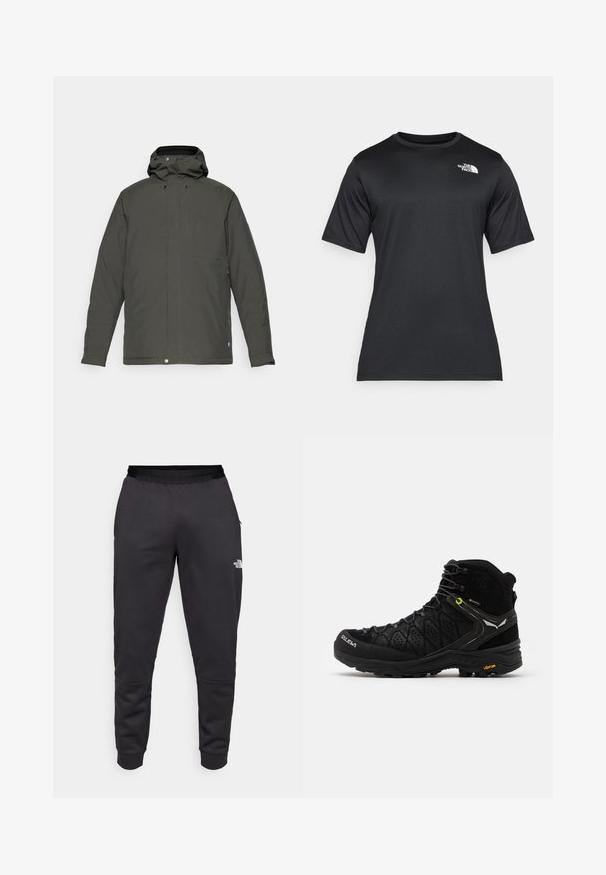 Dunkelgrüne, wasserabweisende Jacke mit Kapuze, vorn mit Reißverschluss, vier Taschen und Knopfverschluss am Saum. Glatte Textur.; Schwarzes Kurzarm-T-Shirt aus leichtem, feuchtigkeitsableitendem Material. Mit einem weißen Logo auf der linken Brust und einem Rundhalsauschnitt.; Schwarze Jogginghose aus glattem Stoff, mit schmal zulaufendem Design, elastischem Bund und Logo-Detail am rechten Bein.; Schwarzer Wanderschuh mit strukturiertem Obermaterial, verstärkter Zehenkappe und Vibram-Sohle. Das Schnürsystem enthält Haken für einen sicheren Sitz.