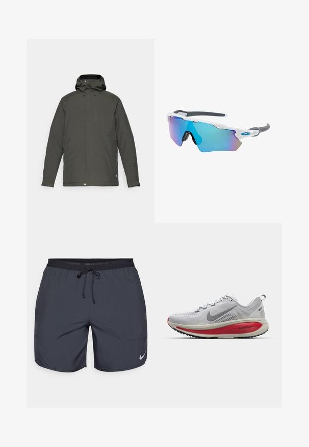 Dark green, water-resistant jacket with a hood, featuring a front zip, four pockets, and a button closure at the hem. Smooth texture.; White sleeveless Nike running top with a round neckline, smooth texture, and black Nike logo on the upper left chest.; Nike running shorts in dark gray, featuring an elastic waistband with a drawstring and a silver logo accent on the lower right leg.; Nike running shoe in light gray mesh with red accents, featuring a rounded toe, thick cushioning sole, and textured tread for grip.; Sunglasses with a white frame, gray accents, and blue mirrored lenses. Sporty design, wraparound shape, and adjustable nose pads.