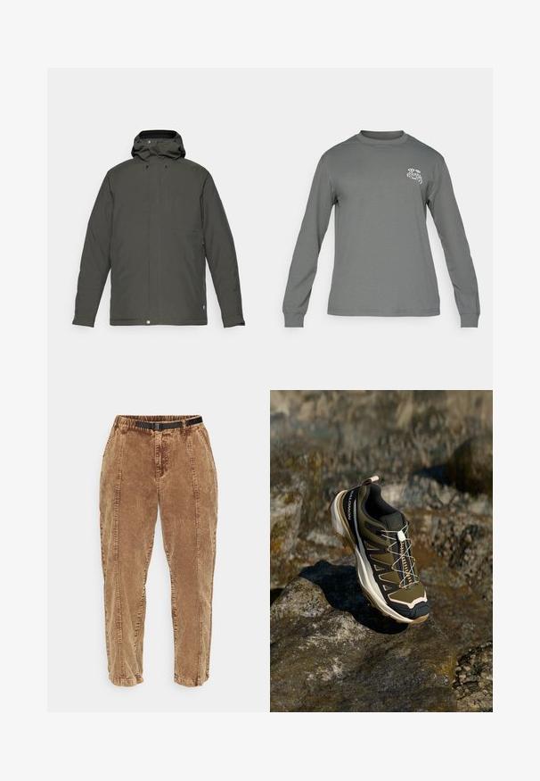 Donkergroene, waterbestendige jas met een capuchon, voorzien van een voorrits, vier zakken en een knoopsluiting aan de onderkant. Glad textuur.; Grijze langemouwen shirt van stof, met een ronde hals en een wit grafisch logo op de linker borst. Soepele textuur en eenvoudig ontwerp.; Bruine corduroy broek met een gestructureerd oppervlak, voorzien van een zwarte verstelbare riem, zijzakken en een relaxed fit. De broek tapert naar de enkels toe.; Wandelshoe in olijfgroen en zwart met roze accenten. Beschikt over een gestructureerd bovenwerk, flexibele zool, versterkte neuzen, en een kleurrijk vetersysteem.