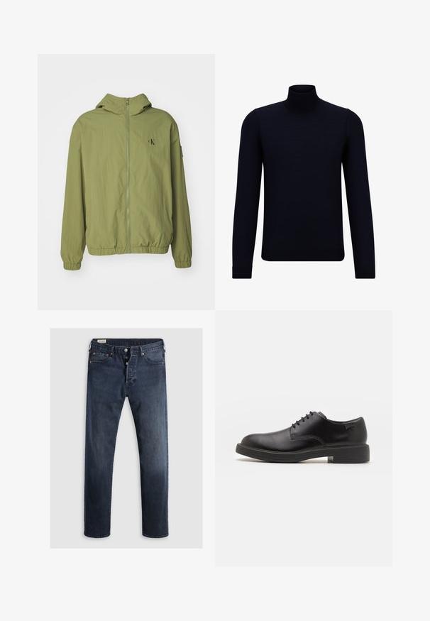 Giacca leggera verde oliva con cappuccio, zip frontale, polsini elasticizzati e stampa del logo sul lato sinistro del petto. La texture appare liscia e morbida.; Maglione a collo alto di colore blu navy scuro, realizzato in tessuto a maglia fine, con maniche lunghe e un collo alto attillato. Nessun motivo o dettaglio visibile.; Jeans in denim blu scuro con taglio dritto, dotati di zip frontale, bottoni metallici e rinforzi in rame. Texture liscia, senza motivi visibili.; Scarpa nera in pelle con lacci, punta tonda, texture liscia, cuciture minime e tacco in gomma basso. Logo sul tacco.