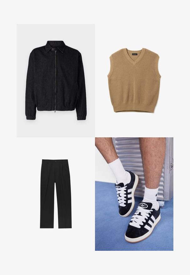 Giacca in denim nera con colletto, zip frontale, orlo e polsini elasticizzati, e tasche laterali. Design pulito senza logo visibile.; Maglione senza maniche beige in maglia con scollo a V, tessuto strutturato e orlo a costine. Etichetta del marchio "PIOMBO" situata sul collo.; Pantaloni neri con un design a gamba dritta, realizzati in un tessuto liscio. Presentano pieghe frontali e una chiusura a un bottone in vita.; Sneakers in suede nero con lacci bianchi e tre strisce bianche. Presentano un logo circolare nero sulla linguetta e una suola in gomma color gomma.