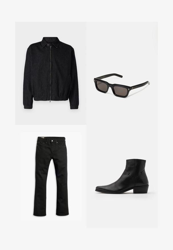 Czarna skórzana kurtka dżinsowa z kołnierzykiem, zamek błyskawiczny z przodu, elastyczny dół i mankiety oraz boczne kieszenie. Czysty design bez widocznych logo.; Beżowy sweter z długim rękawem i okrągłym dekoltem, wykonany z miękkiego materiału, z prążkowanymi mankietami i dołem, charakteryzujący się gładką fakturą i minimalistycznym designem.; Czarne dżinsy o prostym kroju nogawki, pięcioma kieszeniami, metalowym zapięciem na guzik oraz subtelnymi detalami przeszycia. Gładka tekstura i jednorodny kolor.; Czarne skórzane botki za kostkę z ostrym noskiem, minimalnymi detalami szwów, średniej wysokości obcasem blokowym i gładkim, wypolerowanym wykończeniem.; Czarne prostokątne okulary przeciwsłoneczne z ciemnymi soczewkami, grubą plastikową oprawą, złotymi akcentami na zausznikach oraz wygrawerowanym logo marki na ramieniu.
