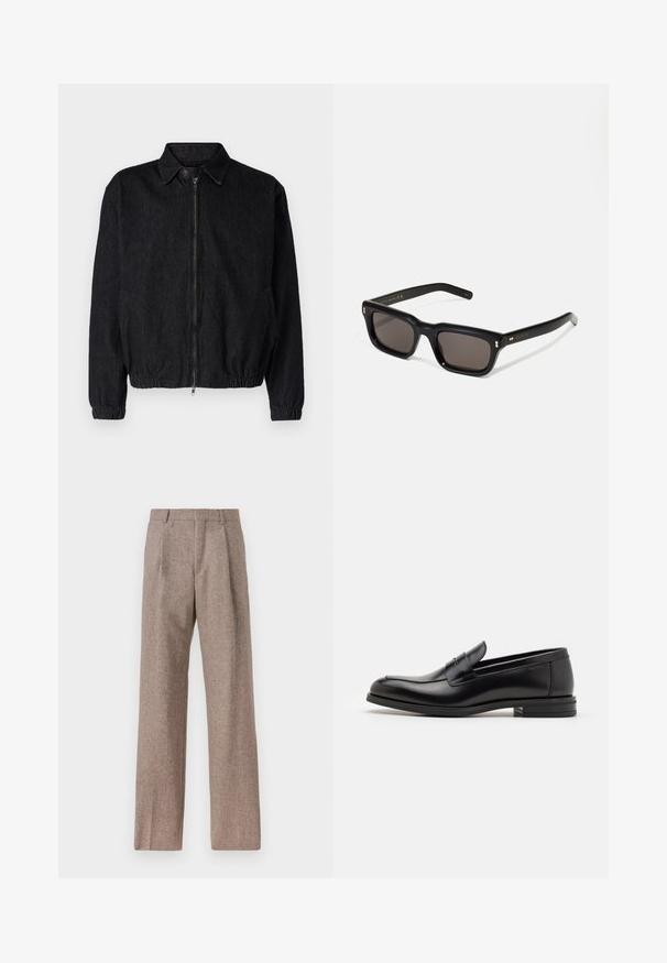 Čierna džínová bunda s golierom, predným zipsom, elastickým spodným okrajom a manžetami, a bočnými vreckami. Čistý dizajn bez viditeľných log. ; Biely dlhý rukáv košeľa s gombíkmi vyrobená z bavlny, s náprsného vrecka s tonálnou výšivkou, golierom a gombíkovými manžetami.; Hnedé, vysoké nohavice vyrobené z texturovanej látky. Majú široké nohavice a dva predné záhyby pre štruktúru. Úhľadné spracovanie bez viditeľného kovania.; Čierne kožené mokasíny s hladkou textúrou, zaoblenou špičkou a dekoračným pásikom cez priehlavok. Nízky vrstvený opätok, minimalistický dizajn.; Čierne obdĺžnikové slnečné okuliare s tmavými sklami, hrubým plastovým rámom, zlatými detailami na spánkoch a vygravírovaným logom značky na ramene.