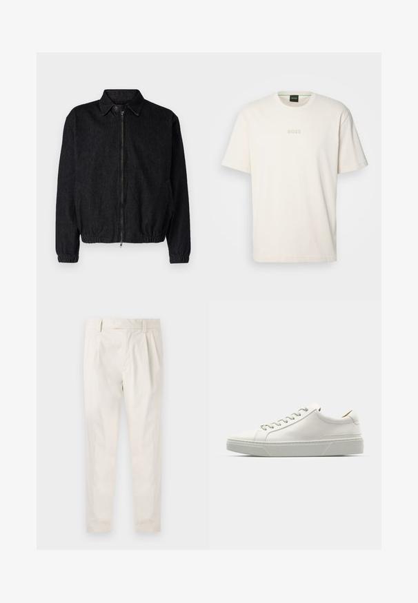 Čierna džínová bunda s golierom, predným zipsom, elastickým spodným okrajom a manžetami, a bočnými vreckami. Čistý dizajn bez viditeľných log. ; BOSS TEE - Základné tričko - open white; Biele plisované nohavice s prispôsobeným strihom, s hladkou textúrou, pútkami na opasok a zúženými nohavicami. Žiadne viditeľné vrecká ani vzory.; Biele kožené tenisky s okrúhlou špičkou, minimalistickým dizajnom, šedými šnúrkami a štruktúrovanou šedou gumovou podrážkou. Viditeľné jemné švy.