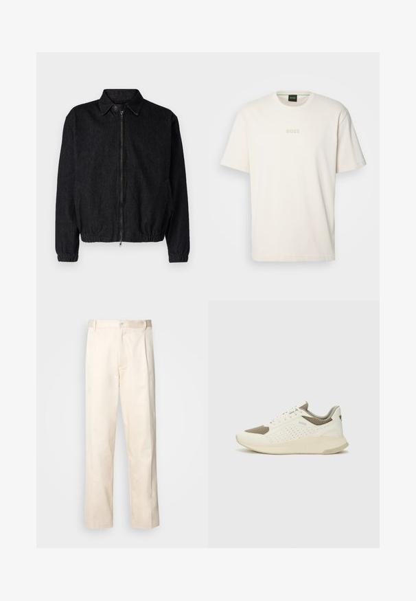 Jachetă din denim negru cu guler, fermoar în față, tiv și manșete elastice, și buzunare laterale. Design curat, fără logo-uri vizibile.; BOSS TEE - Tricou basic - open white; Pantaloni din bumbac bej, cu croială dreaptă, dotati cu închidere cu nasture și pliuri în față pentru un plus de detaliu.; Tenis sportivi alb și bej deschis, cu un înveliș din plasă, detalii perforate și o talpă intermediară texturată, având marcaj pe călcâi.