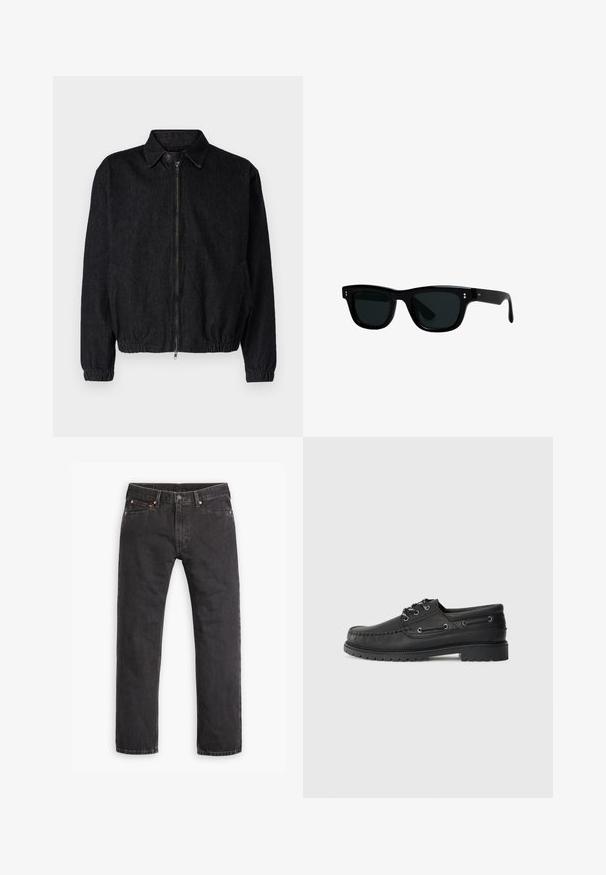 Black denim jacket with a collared neck, front zipper, elasticized hem and cuffs, and side pockets. Clean design with no visible logos.; Black cotton t-shirt with short sleeves, round neck, and a relaxed fit. Smooth texture and minimalistic design, no patterns or accents.; Black straight-leg denim jeans with five pockets, button closure, and copper rivets laid flat on a white background.; Black leather boat shoe with thick rubber sole, lace-up front, and decorative side eyelets on plain light gray background.; Black sunglasses with square frames, dark lenses, and smooth plastic material. Features small, round accents on the front and slender arms.