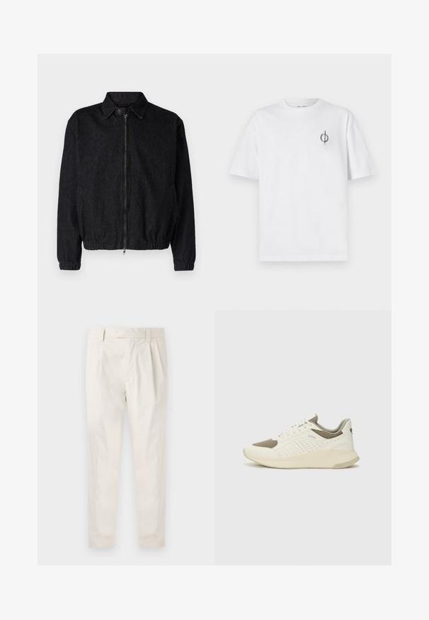 Melnas denima jaka ar apkakles kaklu, priekšējo rāvējslēdzēju, elastīgu apakšmalu un aprocēm, kā arī sānu kabatām. Tīrs dizains bez redzamām logo.; Bāla kokvilnas t-kreklu ar brīvu piegulšanu, kuram uz kreisā krūšu apvidus ir neliels melns grafiskais logotips. Īsas piedurknes, apaļas kakla izgriezums.; Baltas, pleitēts bikses ar piegriezumu, kas pielāgots figūrai, ar gludu tekstūru, jostas cilpām un sašaurinātiem galiem. Nav redzamu kabatu vai rakstu.; Baltas un gaiši bež sporta apavi, ar sieta augšdaļu, perforētiem detaļām un teksturētu vidusdaļu ar zīmolu uz papēža.