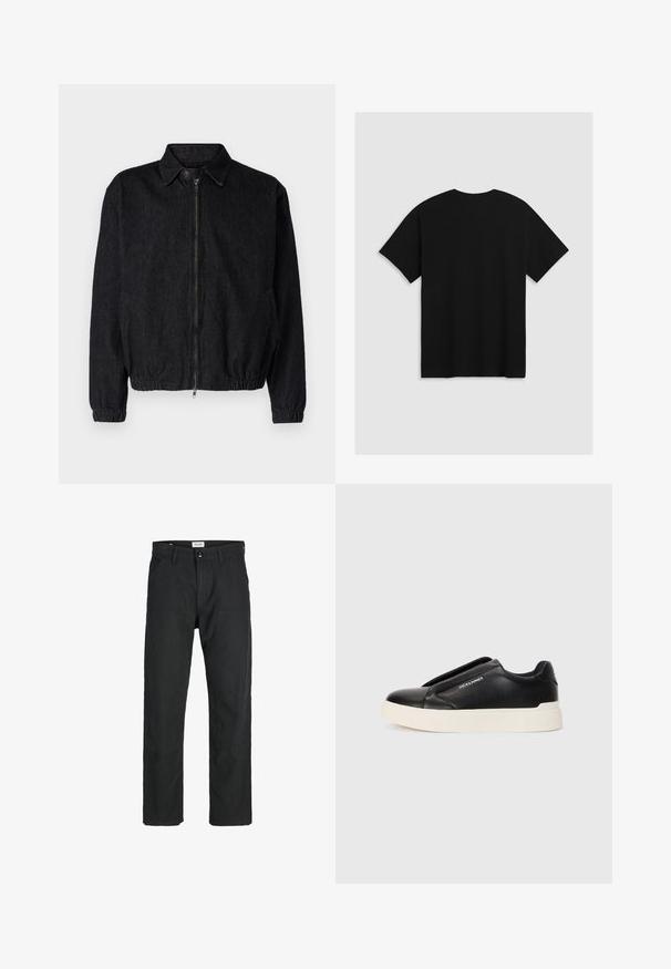 Giacca in denim nera con colletto, zip frontale, orlo e polsini elasticizzati, e tasche laterali. Design pulito senza logo visibile.; Levi's® BOXTAB - T-shirt con stampa - boxtab in black bas; Pantaloni neri realizzati in tessuto resistente, caratterizzati da un design a gamba dritta, dettagli cuciti e due tasche frontali per la funzionalità.; Sneaker nera slip-on con parte superiore in pelle texturizzata, suola in gomma bianca e senza lacci visibili. Presenta il logo del marchio sul lato.