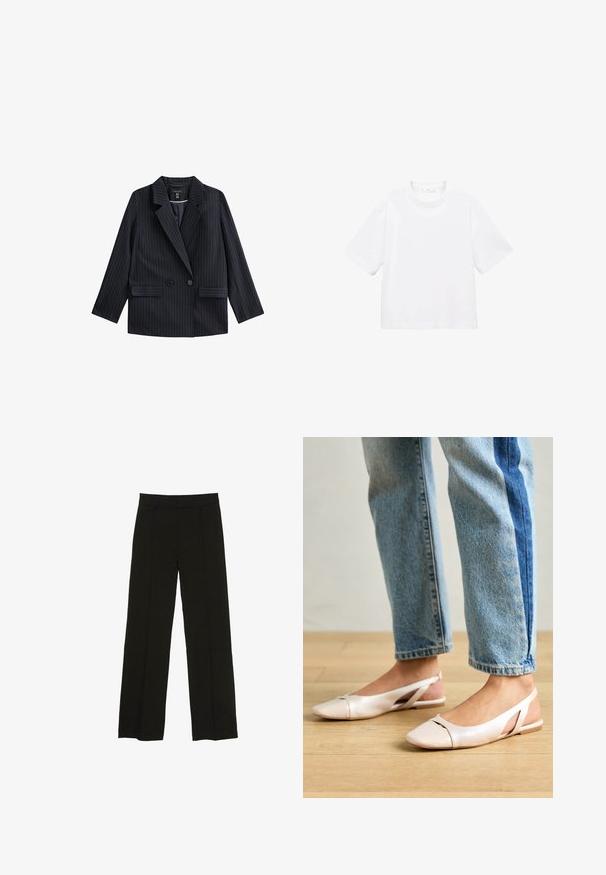 Dunkelblaues, doppelt geknöpftes Sakko mit weißen Nadelstreifen, Reverskragen, zwei Vorder-taschen und langen Ärmeln. Glatte Stoffoberfläche.; Weißes Baumwoll-T-Shirt mit kurzen Ärmeln und rundem Ausschnitt. Einfaches Design, lockere Passform, glatte Textur. Keine Muster oder Verzierungen sichtbar.; Schwarze weit geschnittene Hosen aus glattem Stoff, ausgestattet mit einem taillierten Bund und dezenten vorderen Falten für zusätzliche Struktur.; Blassrosa Slingback-Ballerinas mit spitzem Punkt, aus einem glatten, lederähnlichen Material. Mit Ausschnitten an den Seiten und einem flachen Absatz.